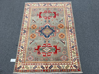 Kazak Gray Geometric 4X6 Handmade Wool Rug # 13597