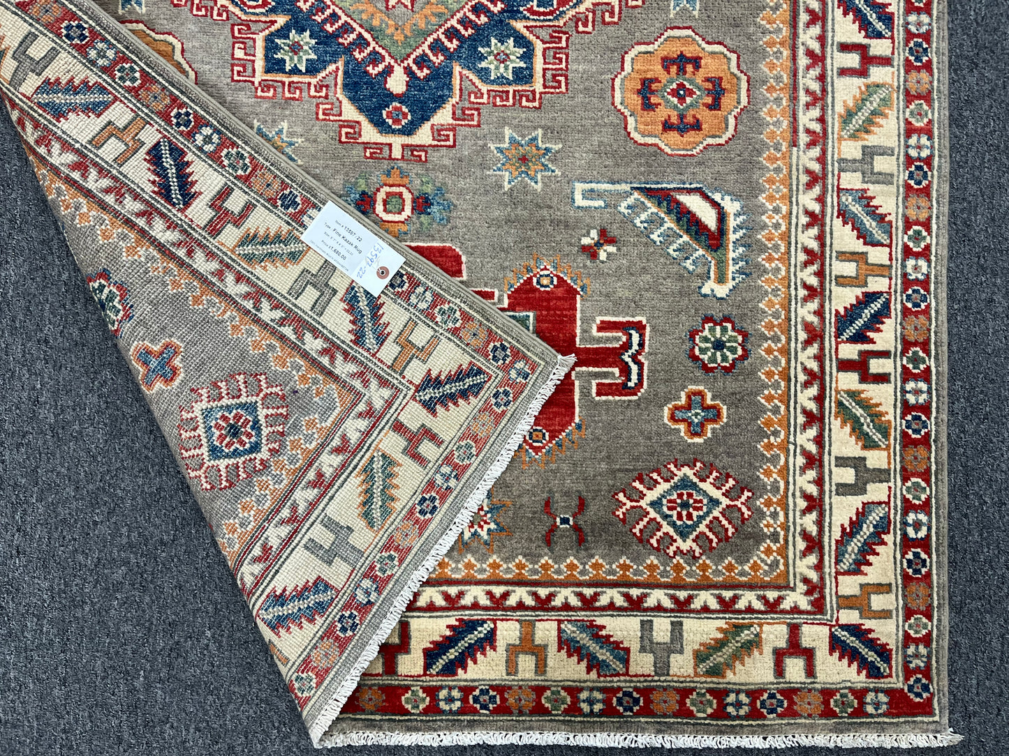 Kazak Gray Geometric 4X6 Handmade Wool Rug # 13597