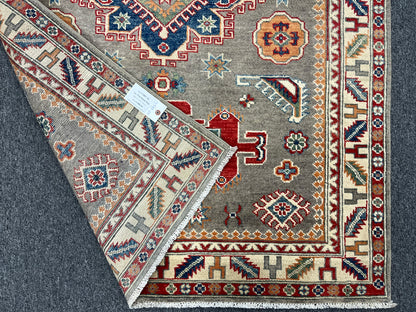 Kazak Gray Geometric 4X6 Handmade Wool Rug # 13597