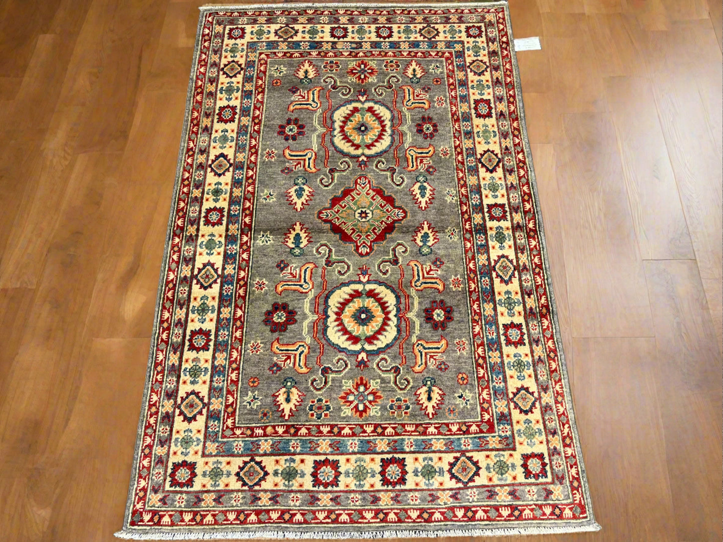 Kazak Gray Geometric 4X6 Handmade Wool Rug # 13596