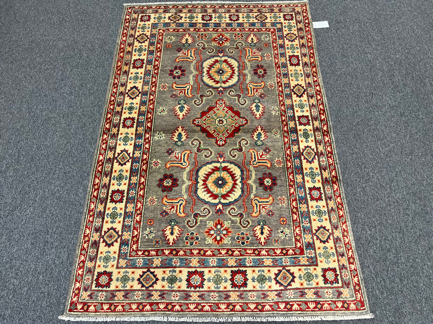 Kazak Gray Geometric 4X6 Handmade Wool Rug # 13596