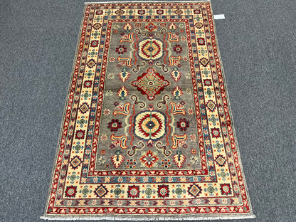 Kazak Gray Geometric 4X6 Handmade Wool Rug # 13596