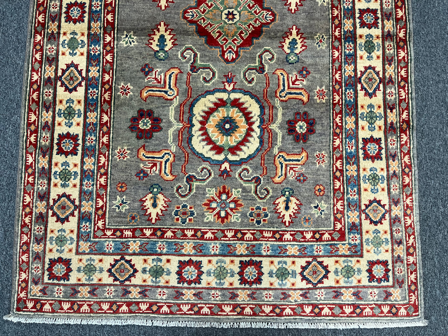 Kazak Gray Geometric 4X6 Handmade Wool Rug # 13596