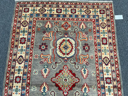 Kazak Gray Geometric 4X6 Handmade Wool Rug # 13596