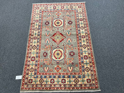 Kazak Gray Geometric 4X6 Handmade Wool Rug # 13596