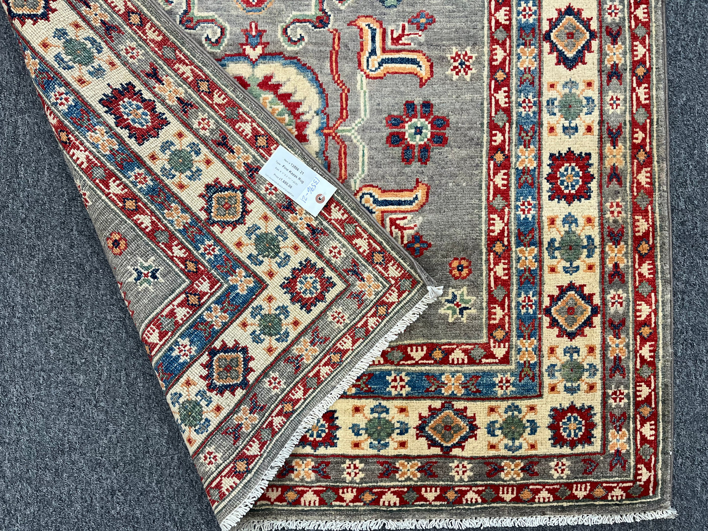 Kazak Gray Geometric 4X6 Handmade Wool Rug # 13596