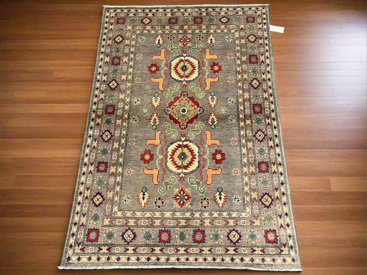 Kazak Gray Geometric 4X6 Handmade Wool Rug # 13598