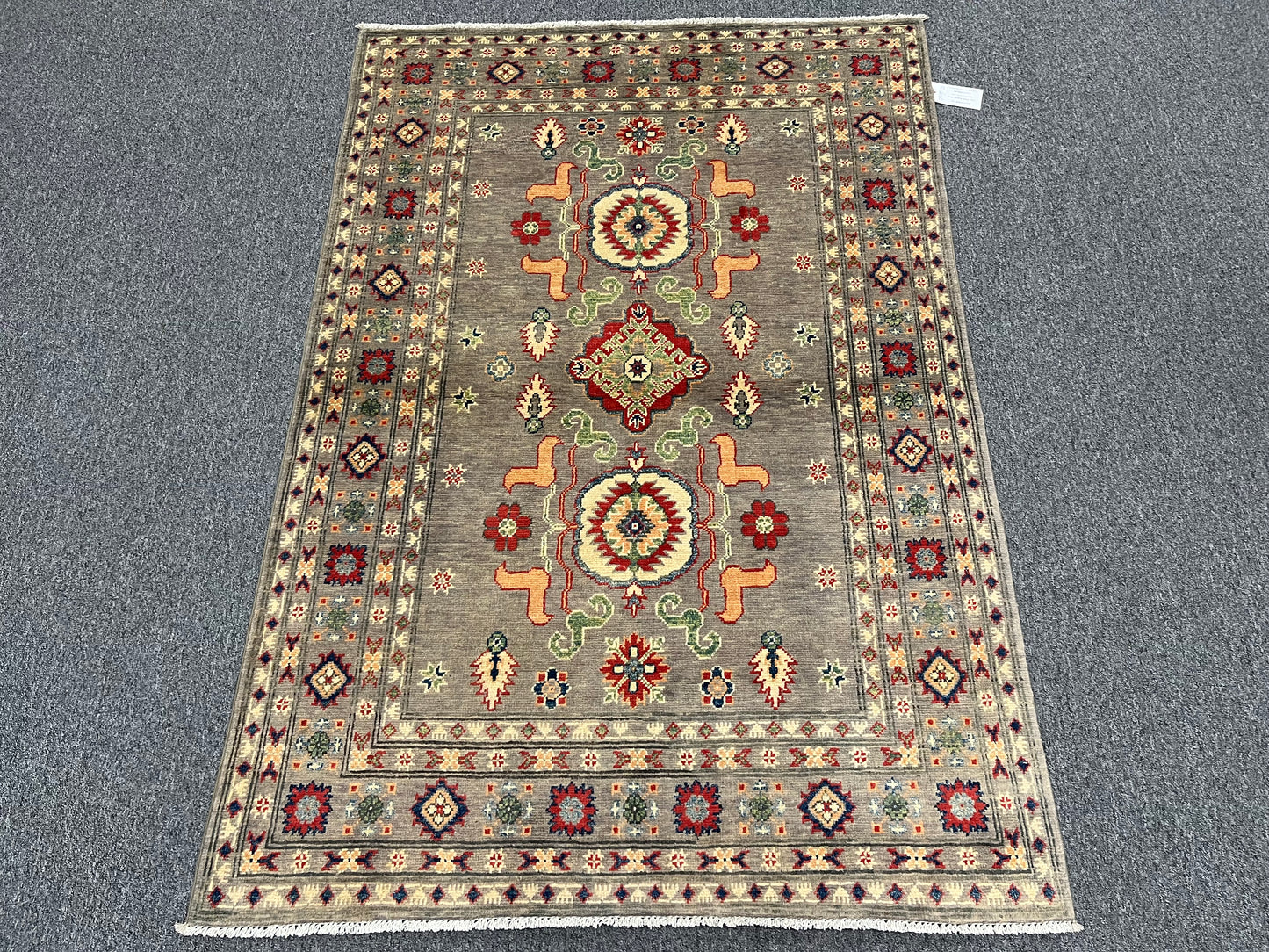 Kazak Gray Geometric 4X6 Handmade Wool Rug # 13598