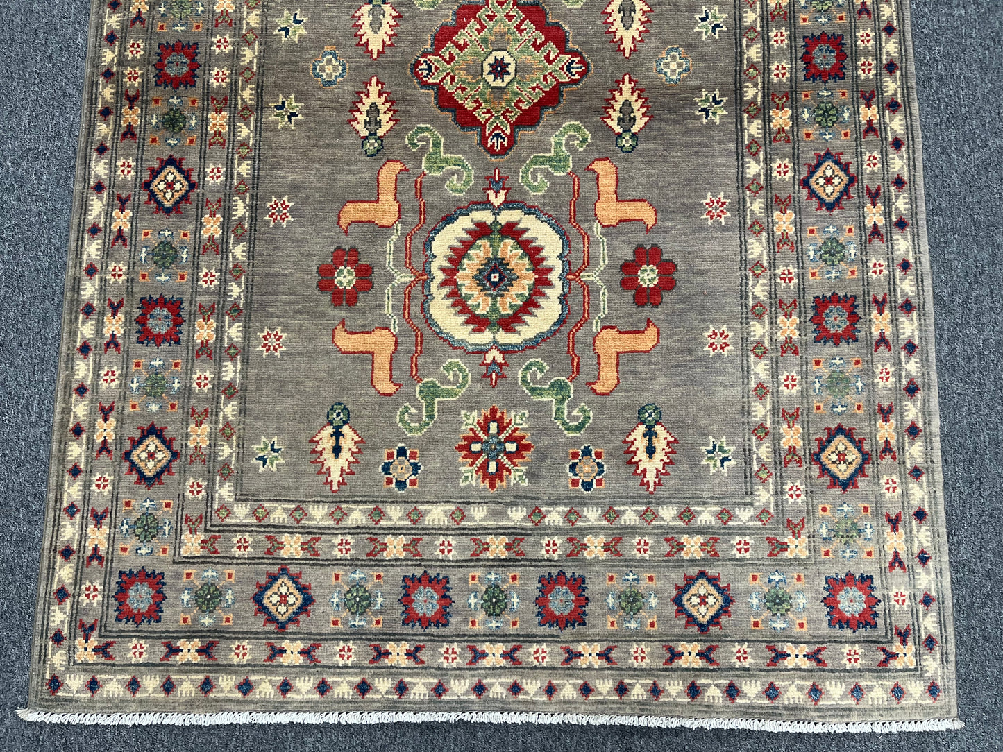 Kazak Gray Geometric 4X6 Handmade Wool Rug # 13598