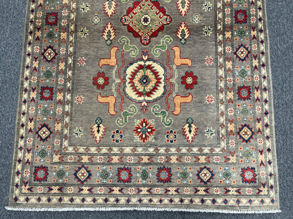 Kazak Gray Geometric 4X6 Handmade Wool Rug # 13598