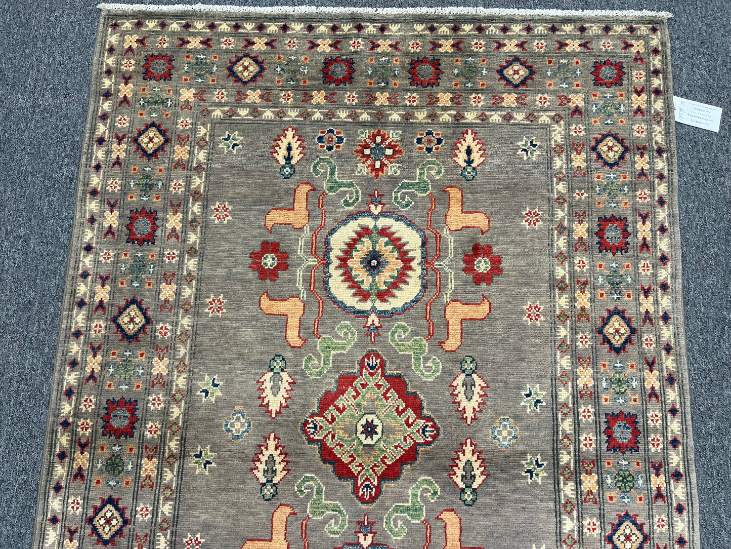 Kazak Gray Geometric 4X6 Handmade Wool Rug # 13598