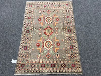 Kazak Gray Geometric 4X6 Handmade Wool Rug # 13598