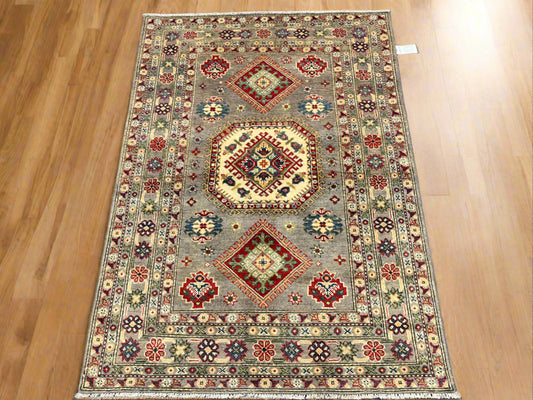 Kazak Gray Geometric 4X6 Handmade Wool Rug # 13599