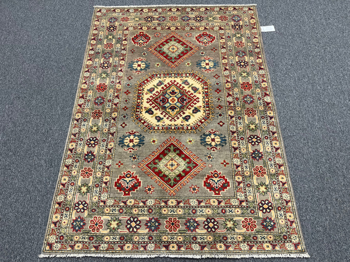 Kazak Gray Geometric 4X6 Handmade Wool Rug # 13599