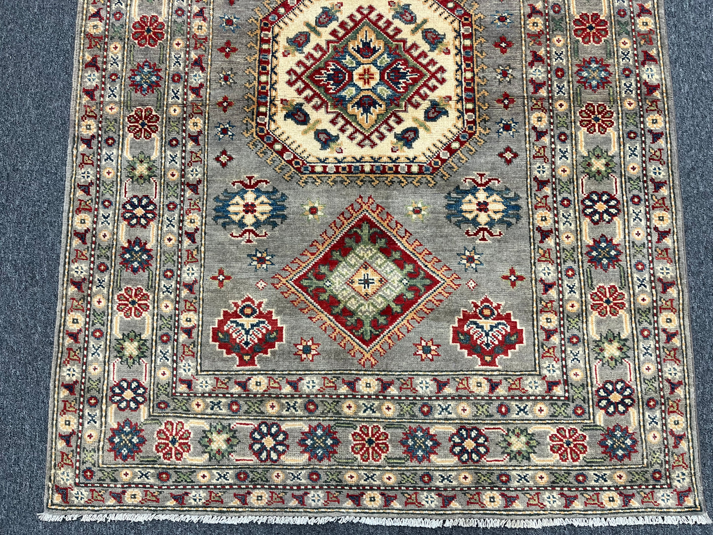 Kazak Gray Geometric 4X6 Handmade Wool Rug # 13599