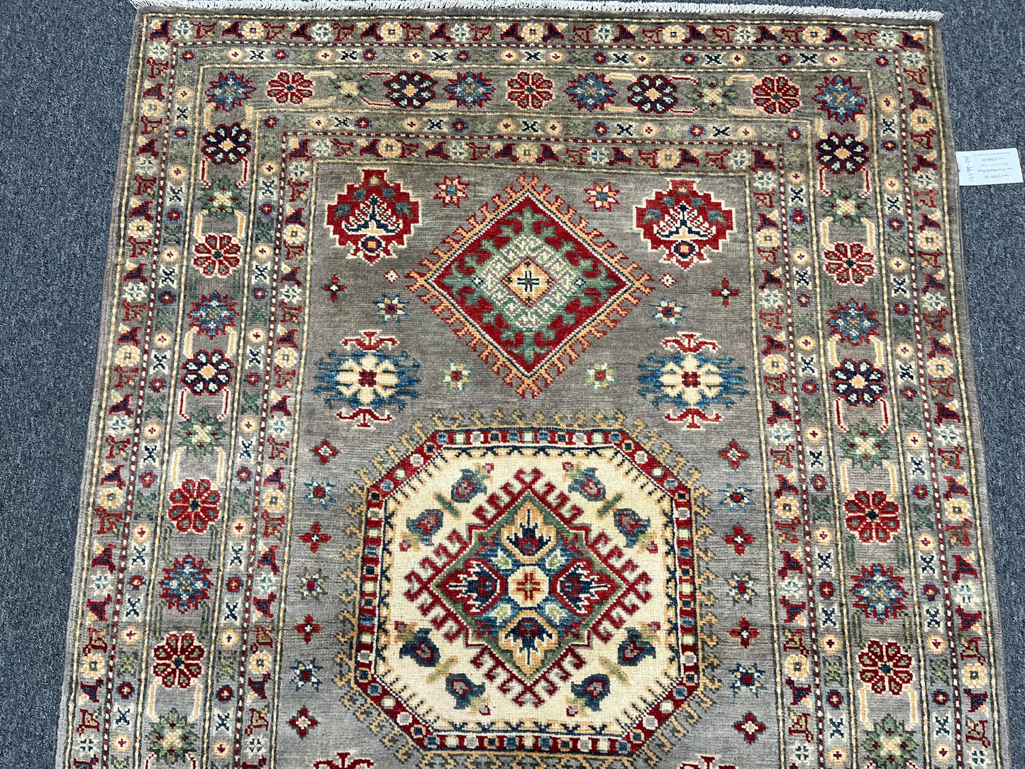 Kazak Gray Geometric 4X6 Handmade Wool Rug # 13599