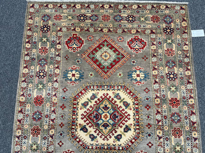 Kazak Gray Geometric 4X6 Handmade Wool Rug # 13599