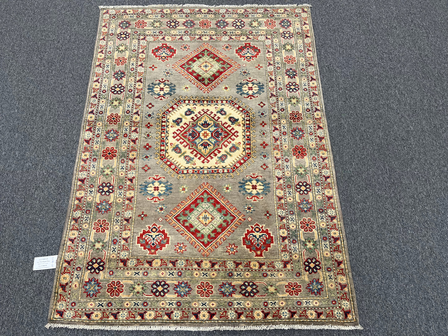 Kazak Gray Geometric 4X6 Handmade Wool Rug # 13599