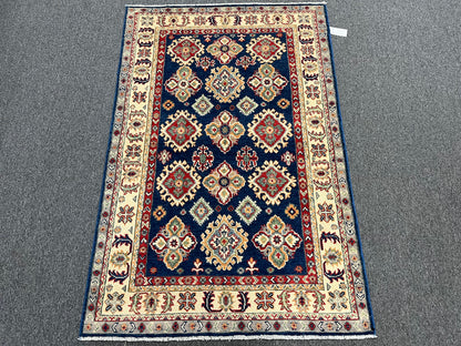 Kazak Navy Blue Geometric 4X6 Handmade Wool Rug # 13934