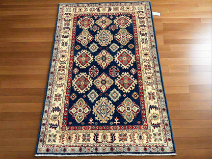 Kazak Navy Blue Geometric 4X6 Handmade Wool Rug # 13934