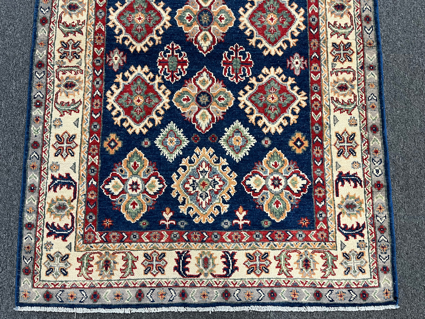 Kazak Navy Blue Geometric 4X6 Handmade Wool Rug # 13934