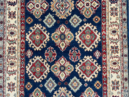 Kazak Navy Blue Geometric 4X6 Handmade Wool Rug # 13934