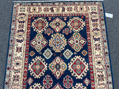 Kazak Navy Blue Geometric 4X6 Handmade Wool Rug # 13934