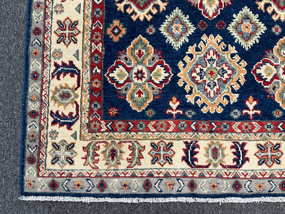 Kazak Navy Blue Geometric 4X6 Handmade Wool Rug # 13934