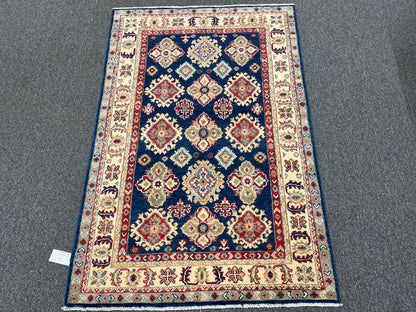 Kazak Navy Blue Geometric 4X6 Handmade Wool Rug # 13934