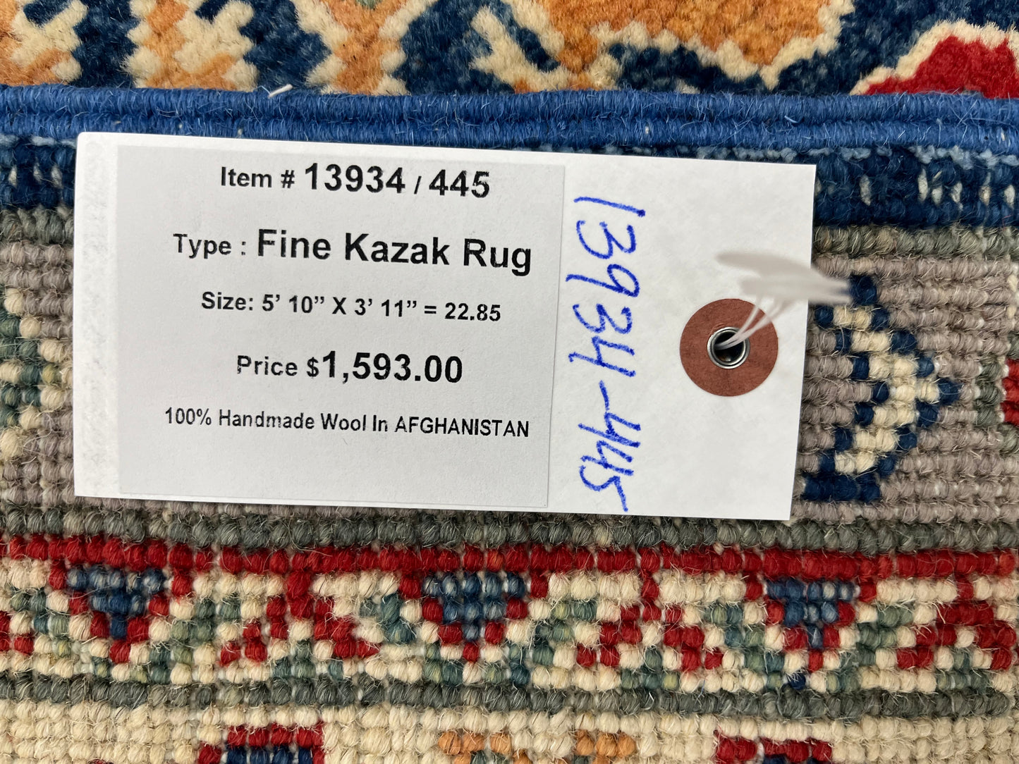 Kazak Navy Blue Geometric 4X6 Handmade Wool Rug # 13934