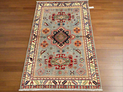 Kazak Gray/Beige 4X6 Handmade Wool Rug # 13765