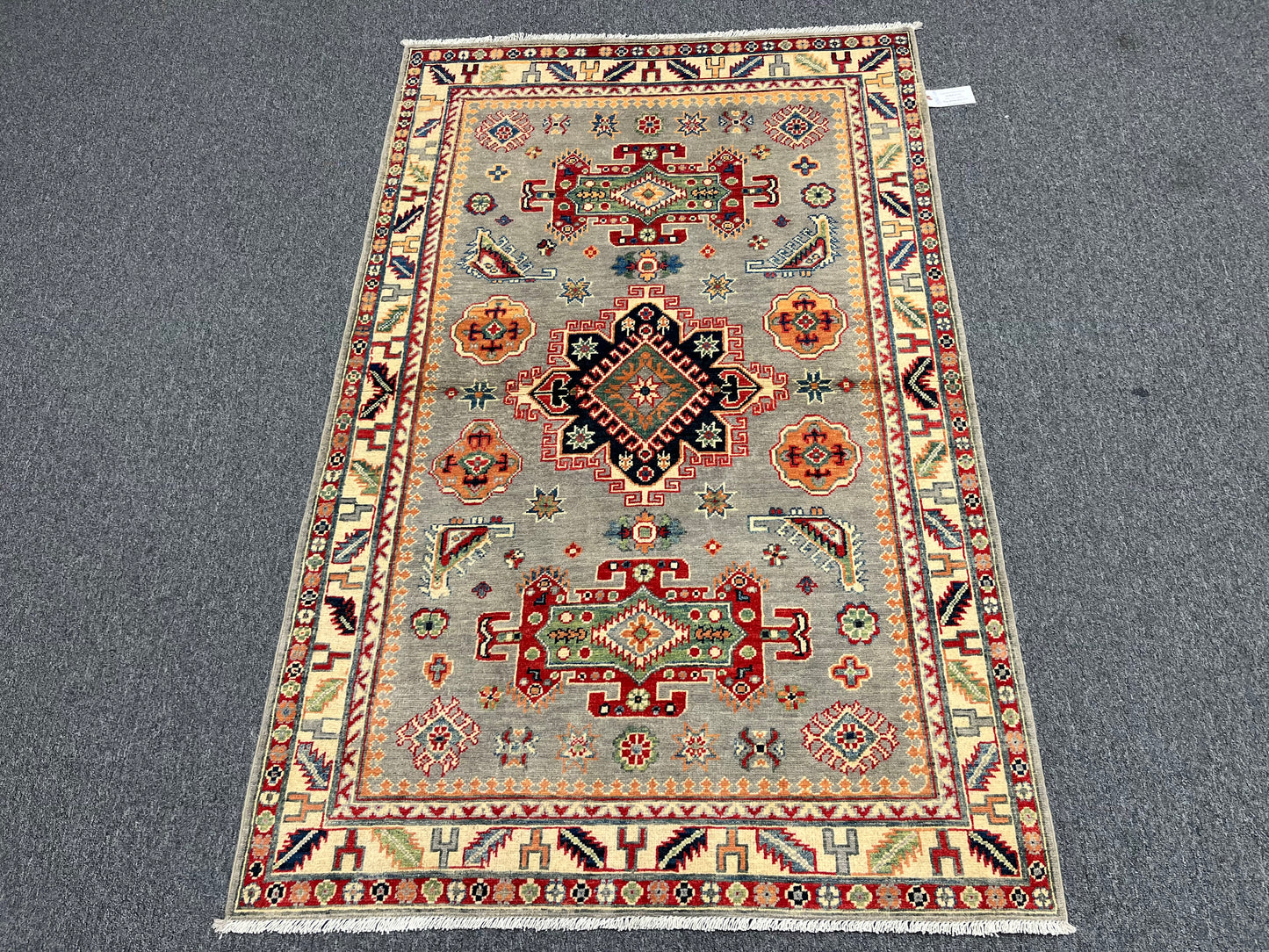 Kazak Gray/Beige 4X6 Handmade Wool Rug # 13765