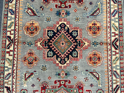 Kazak Gray/Beige 4X6 Handmade Wool Rug # 13765