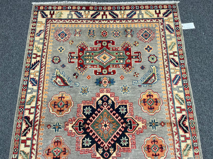 Kazak Gray/Beige 4X6 Handmade Wool Rug # 13765