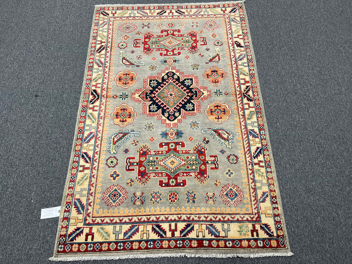 Kazak Gray/Beige 4X6 Handmade Wool Rug # 13765