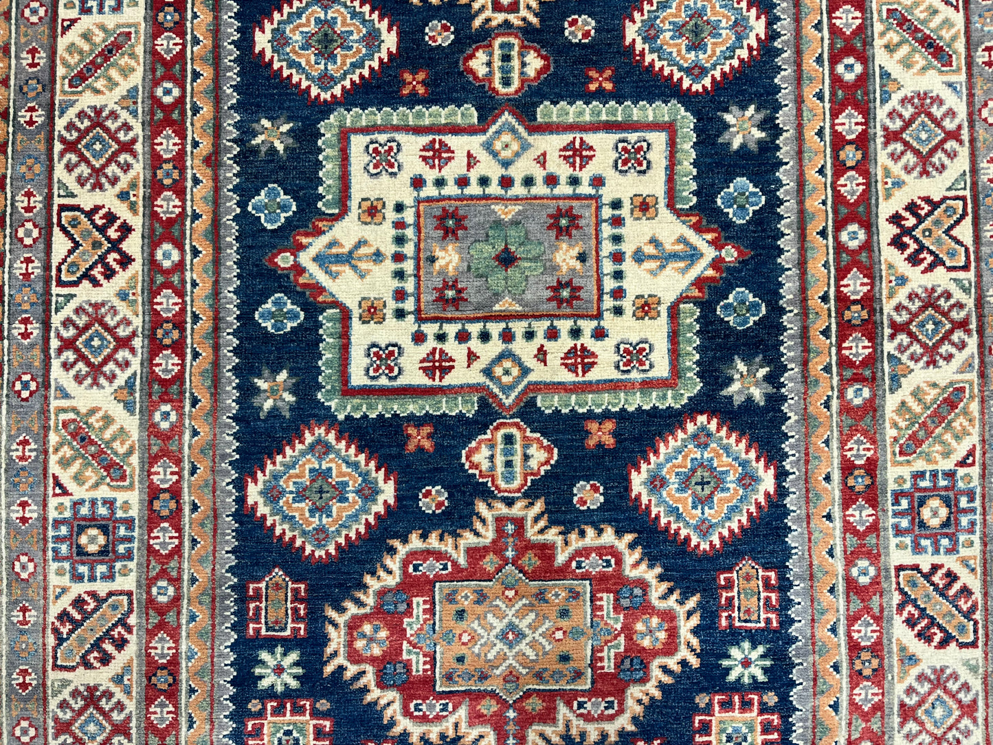 Kazak Navy Blue Geometric 4X6 Handmade Wool Rug # 13922