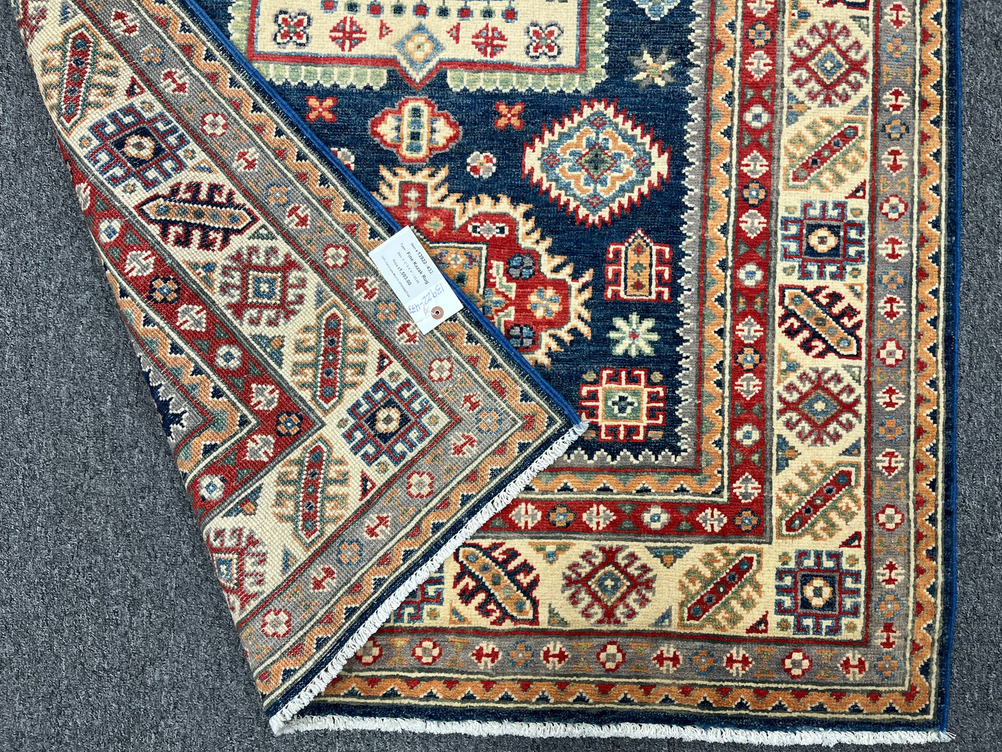 Kazak Navy Blue Geometric 4X6 Handmade Wool Rug # 13922