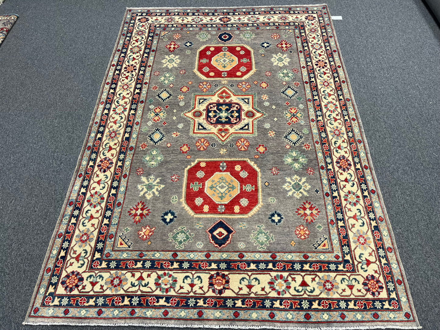 Kazak Gray Geometric 6X9 Handmade Wool Rug # 13908