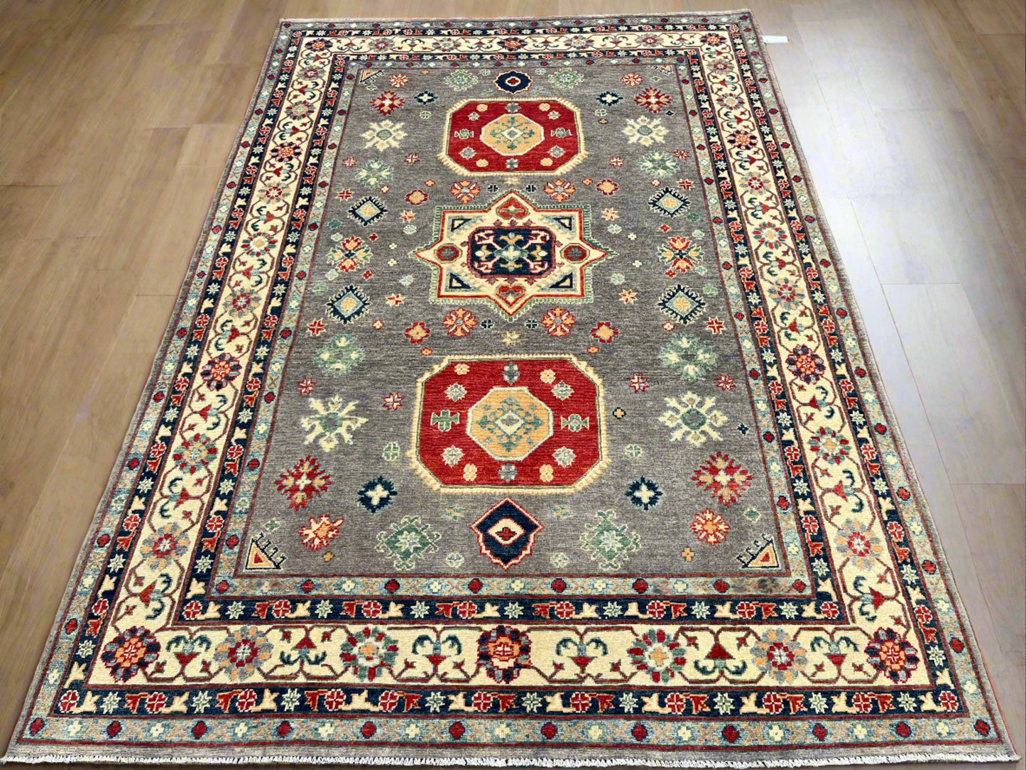 Kazak Gray Geometric 6X9 Handmade Wool Rug # 13908