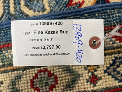 Kazak Light Blue/Gray 6X9 Handmade Wool Rug # 13909