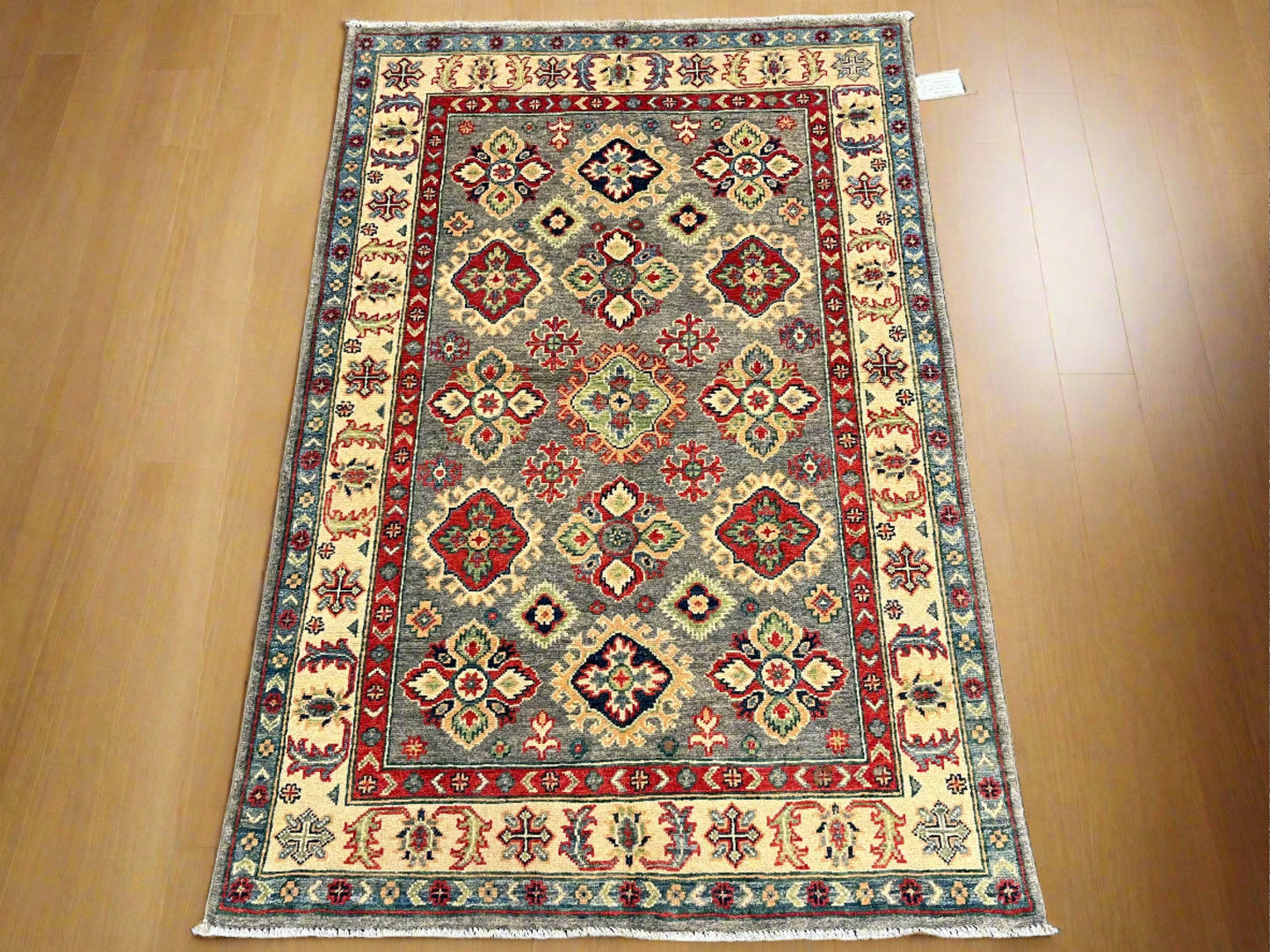 4X6 Kazak Gray Geometric Handmade Wool Rug # 13932