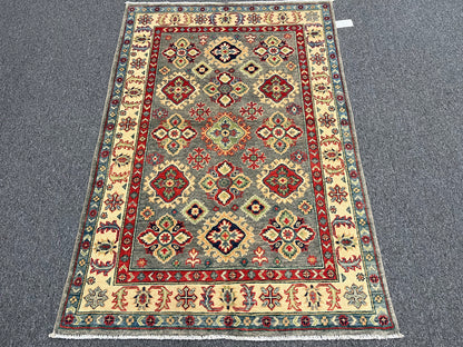 4X6 Kazak Gray Geometric Handmade Wool Rug # 13932