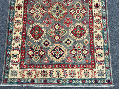 4X6 Kazak Gray Geometric Handmade Wool Rug # 13932