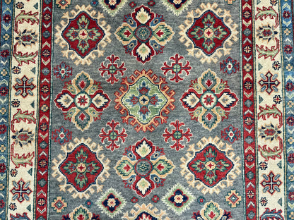 4X6 Kazak Gray Geometric Handmade Wool Rug # 13932