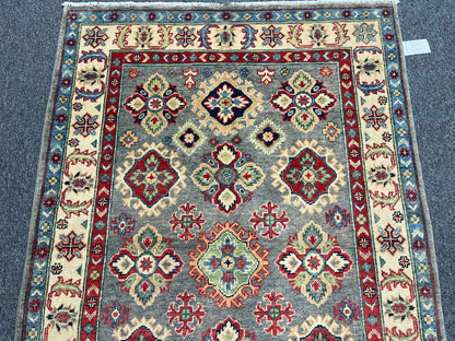 4X6 Kazak Gray Geometric Handmade Wool Rug # 13932