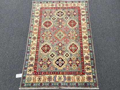 4X6 Kazak Gray Geometric Handmade Wool Rug # 13932