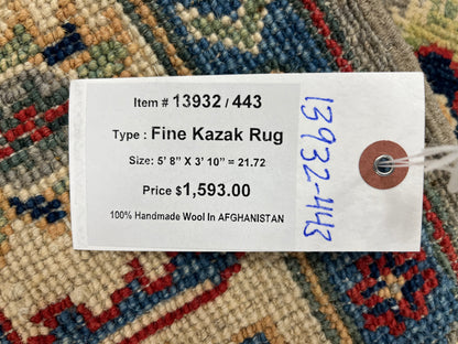 4X6 Kazak Gray Geometric Handmade Wool Rug # 13932