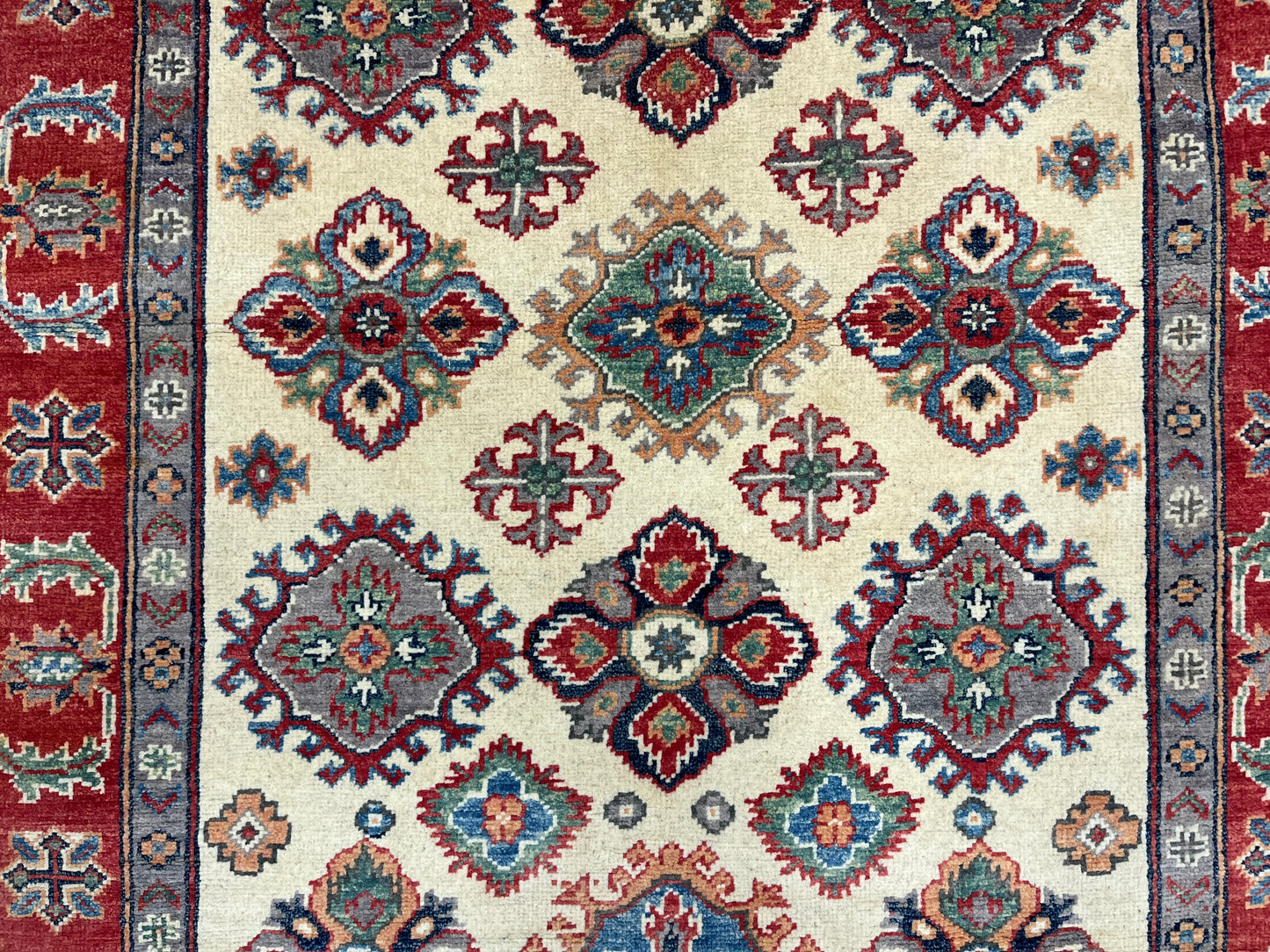4X6 Kazak Beige Geometric Handmade Wool Rug # 13931