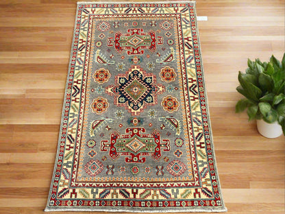 4X6 Kazak Gray Geometric Handmade Wool Rug # 13941