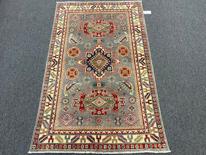 4X6 Kazak Gray Geometric Handmade Wool Rug # 13941